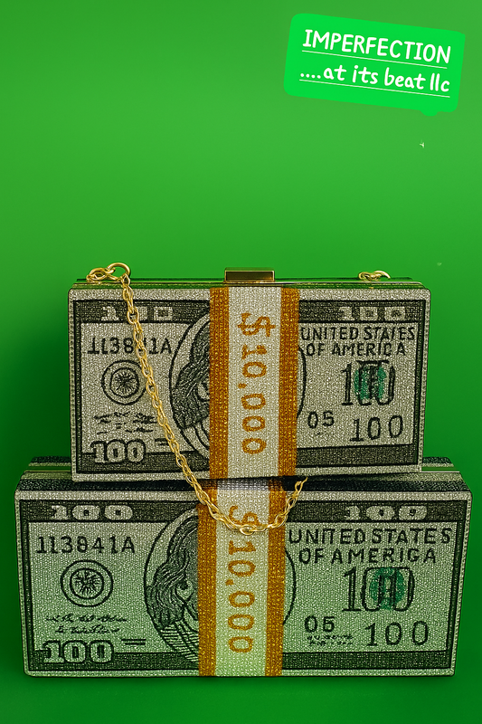 Designer handbag inspired by U.S. dollar bills on a green background with 'IMPERFECTION at its best llc' text.