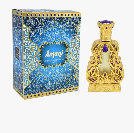 A luxurious perfume oil bottle with intricate gold designs, adorned with purple gemstones, alongside its blue and gold patterned box.