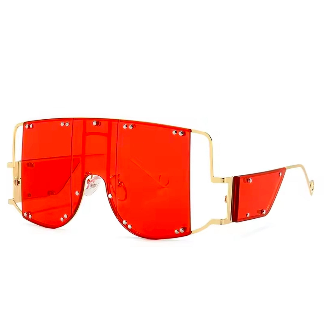 Imperfection Stunna H fashion oversized red sunglasses with gold accents and unique design.