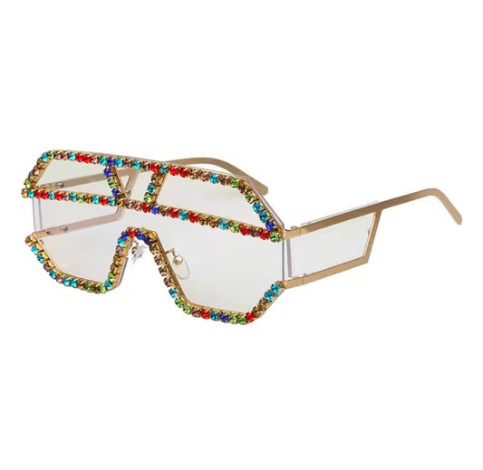 Sunglasses with colorful gemstone frame on a white background